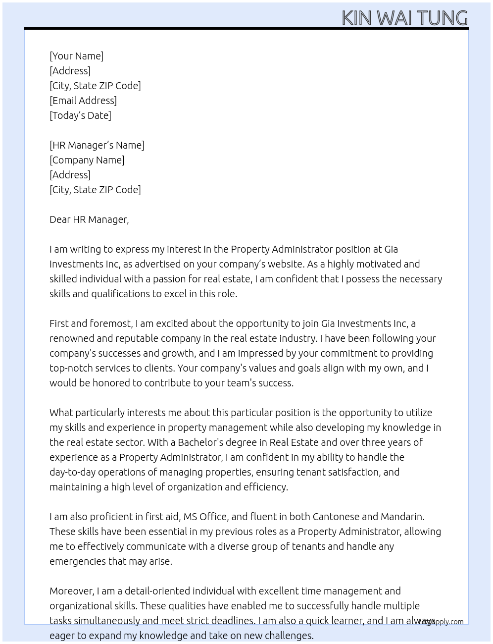 Property Administrator At Gia Investments Inc Cover Letter