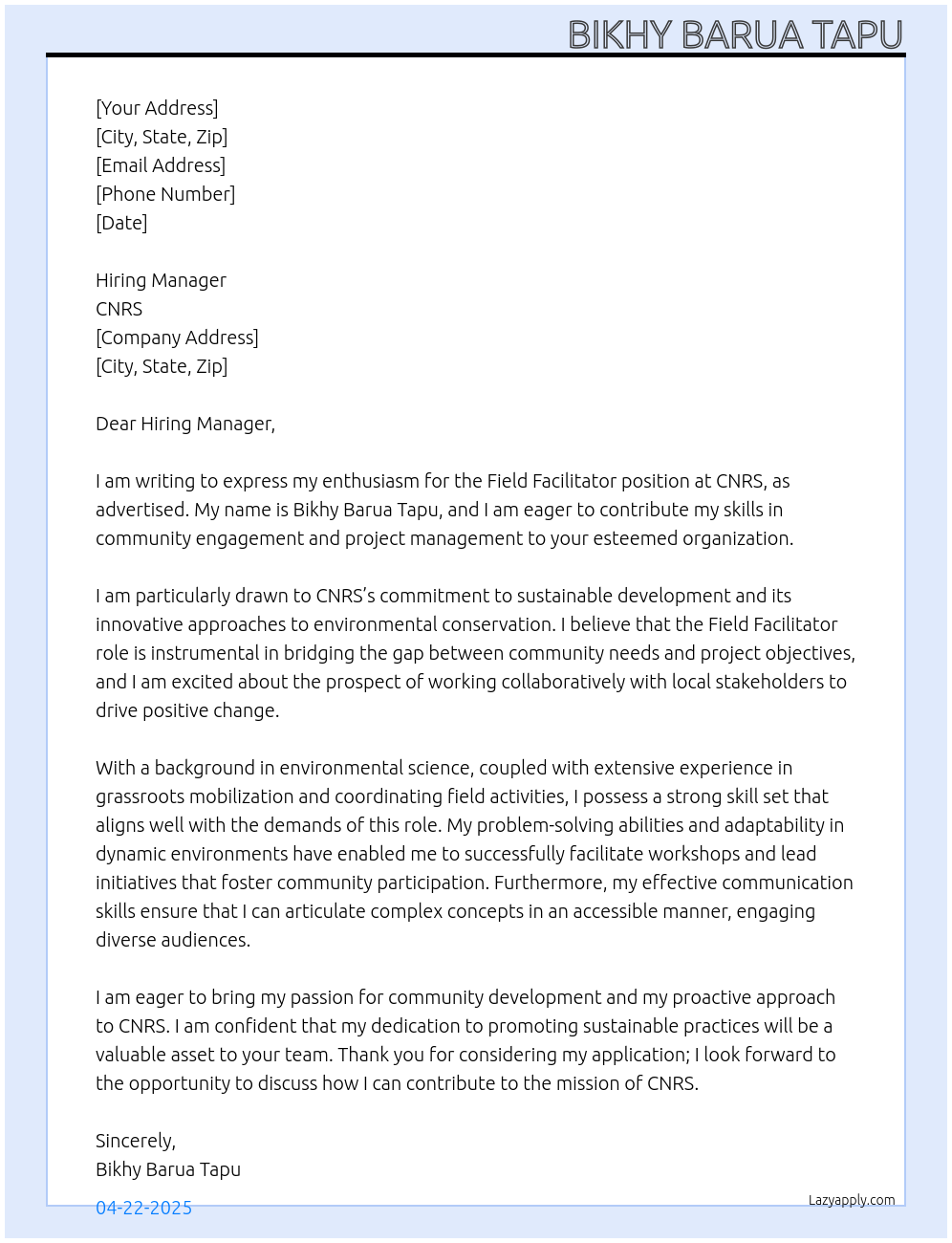 Field Facilitator At CNRS Cover Letter