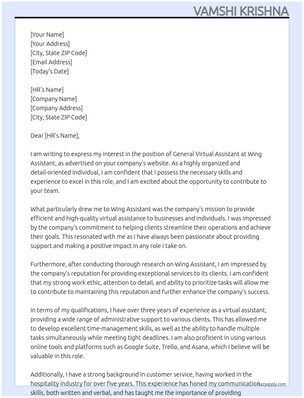 General Virtual Assistant At Wing Assistant Cover Letter