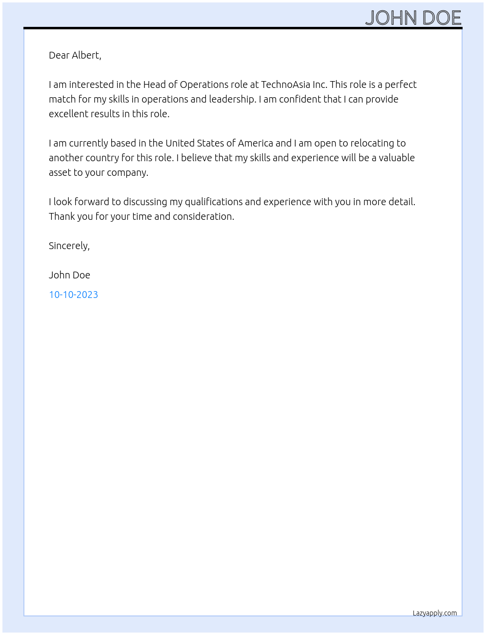 Head of Operations At TechnoAsia Inc. Cover Letter