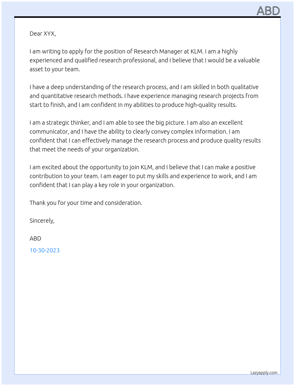 Research Manager At KLM Cover Letter