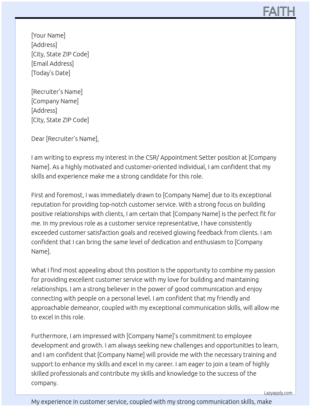 csr At csr / appointment setter Cover Letter