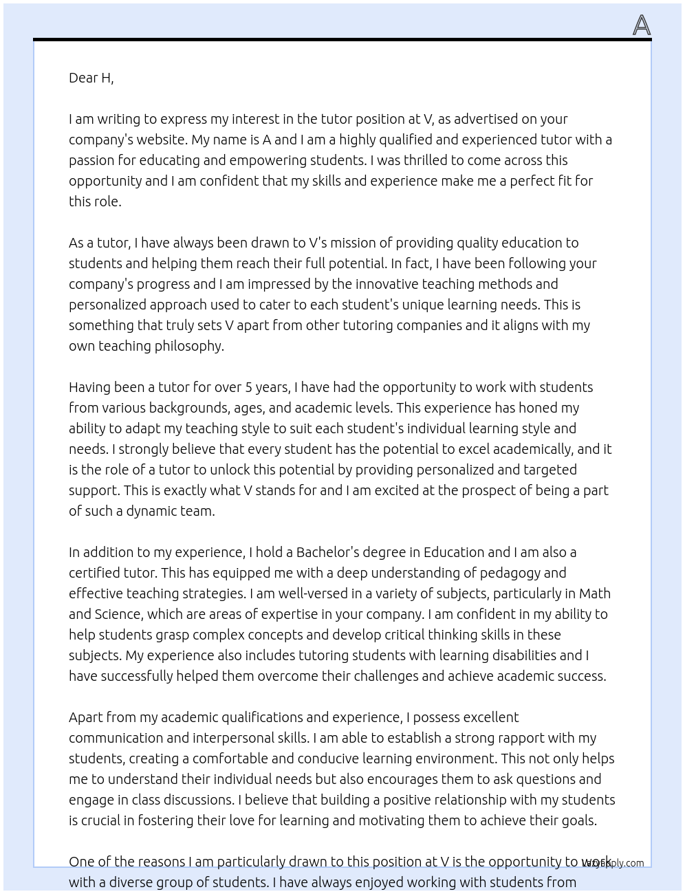 tutor At v Cover Letter