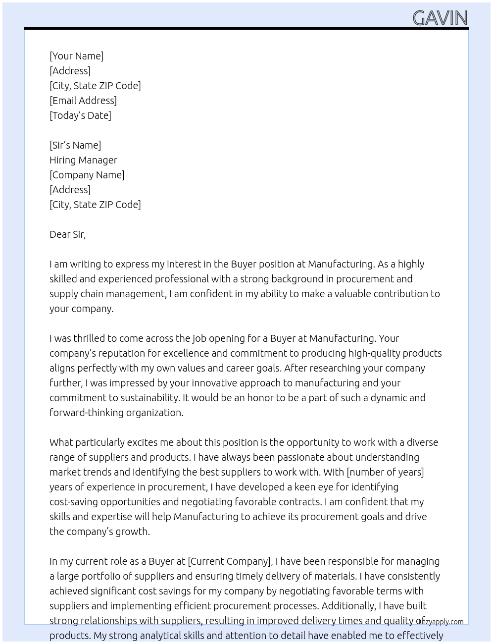Buyer At Manufacturing Cover Letter