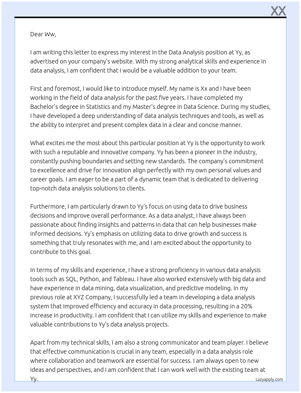 Data analysis At Yy Cover Letter