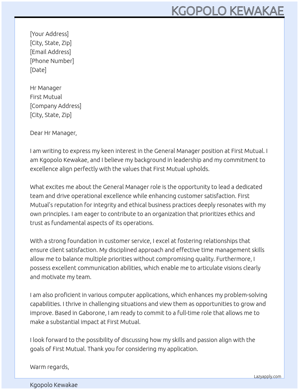 General Manager At First Mutual Cover Letter