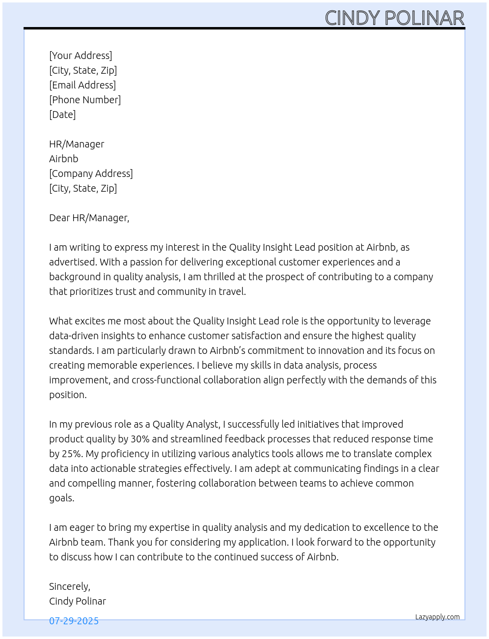 Quality Insight Lead At Airbnb Cover Letter