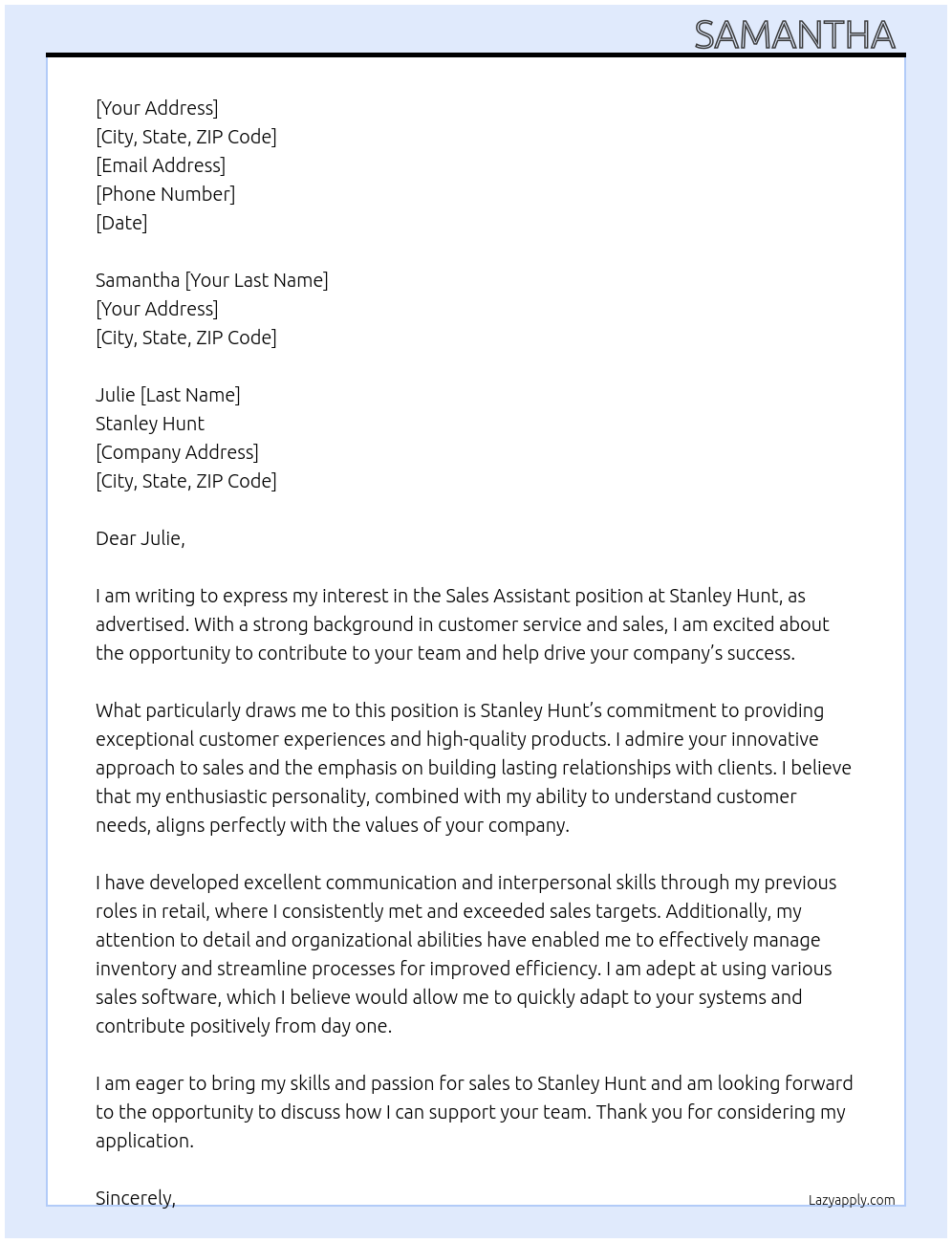 Sales assistant At Stanley Hunt Cover Letter