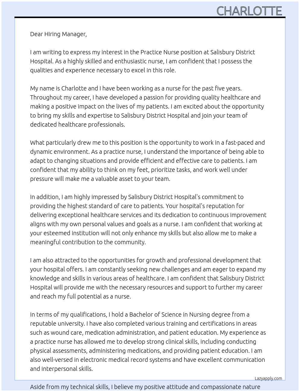 Practice nurse At Salisbury District Hospital  Cover Letter