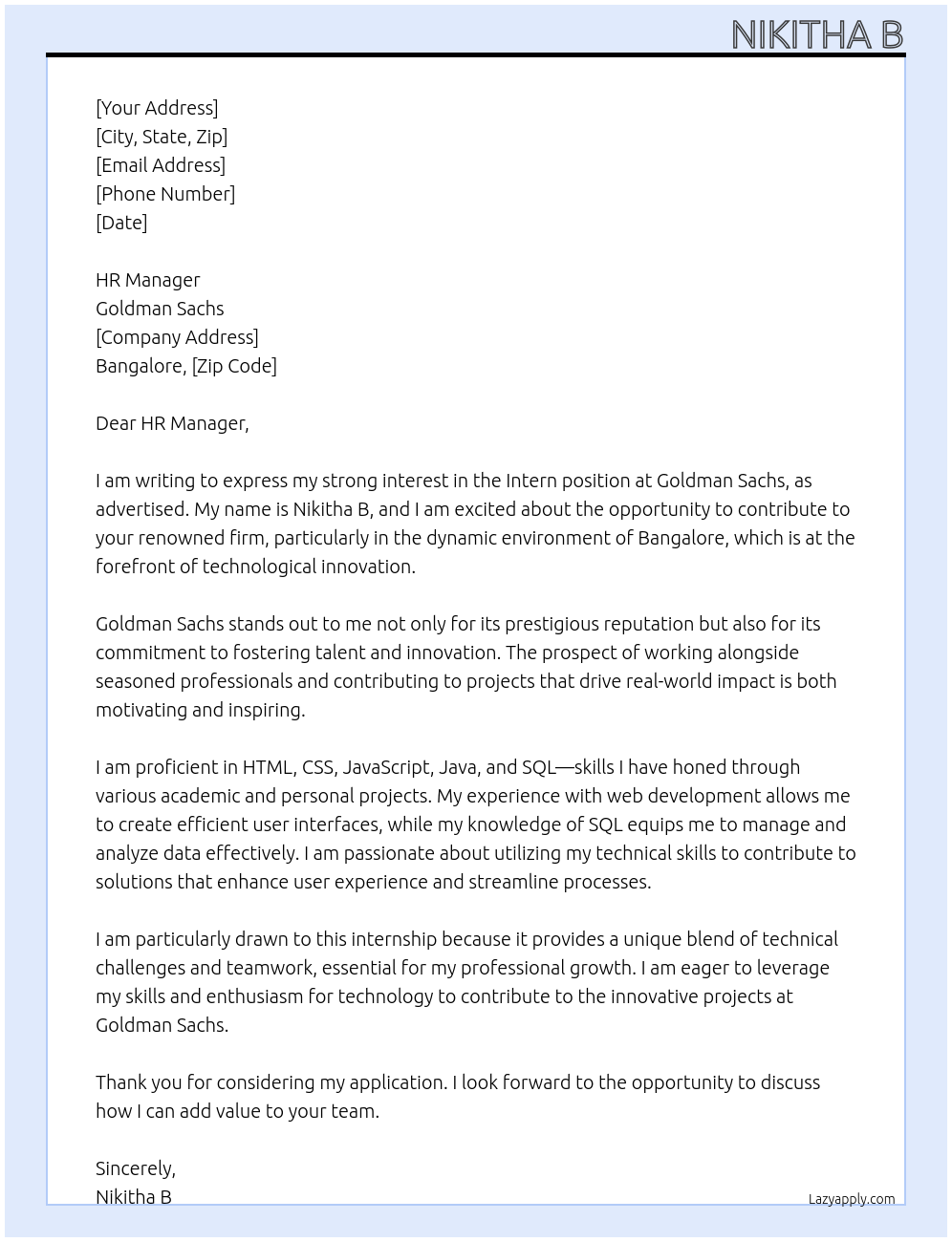 Intern At Goldman Sachs Cover Letter