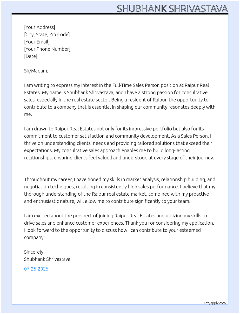 SALES PERSON At Raipur Real Estates Cover Letter