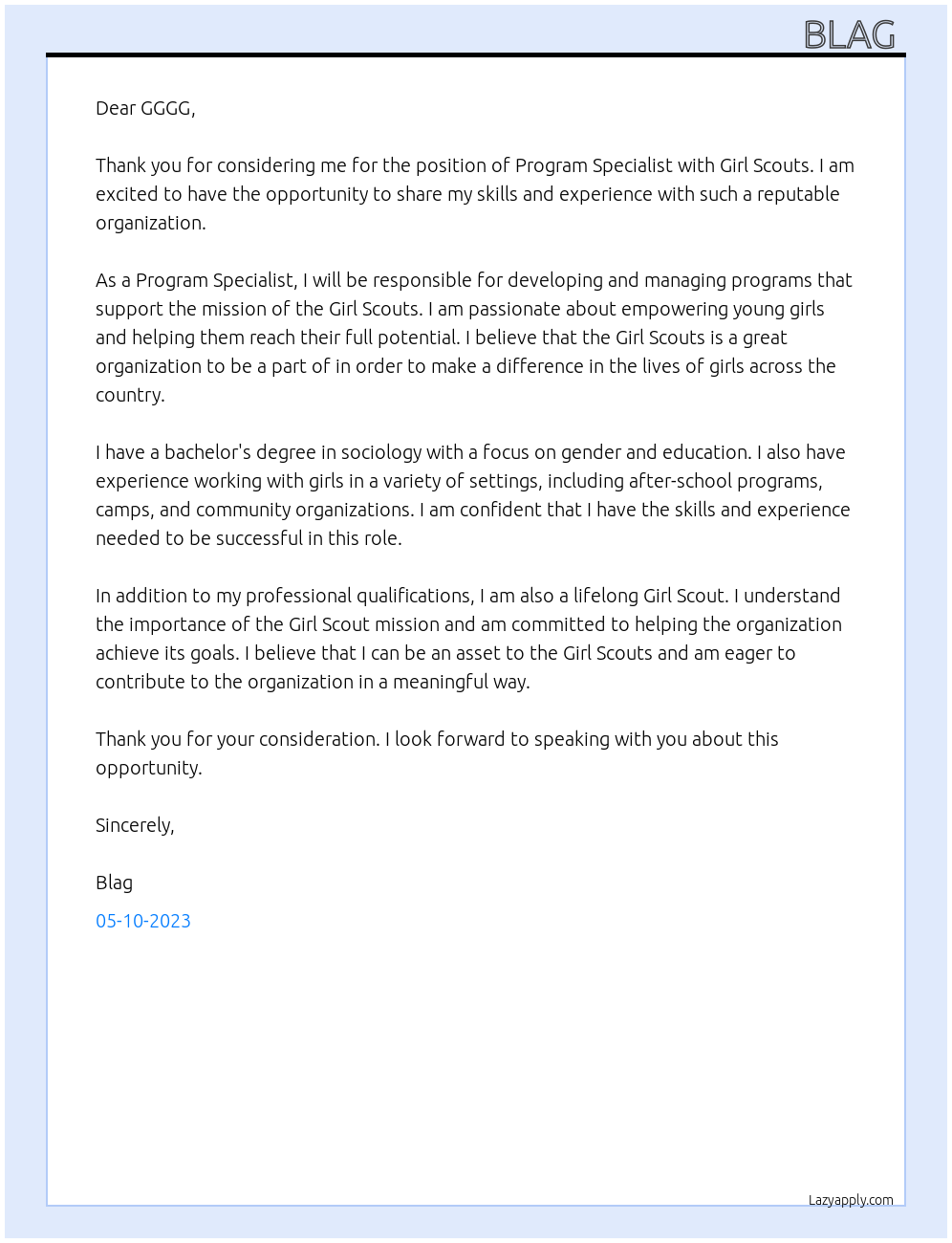 Program Specialist At Girl Scouts Cover Letter