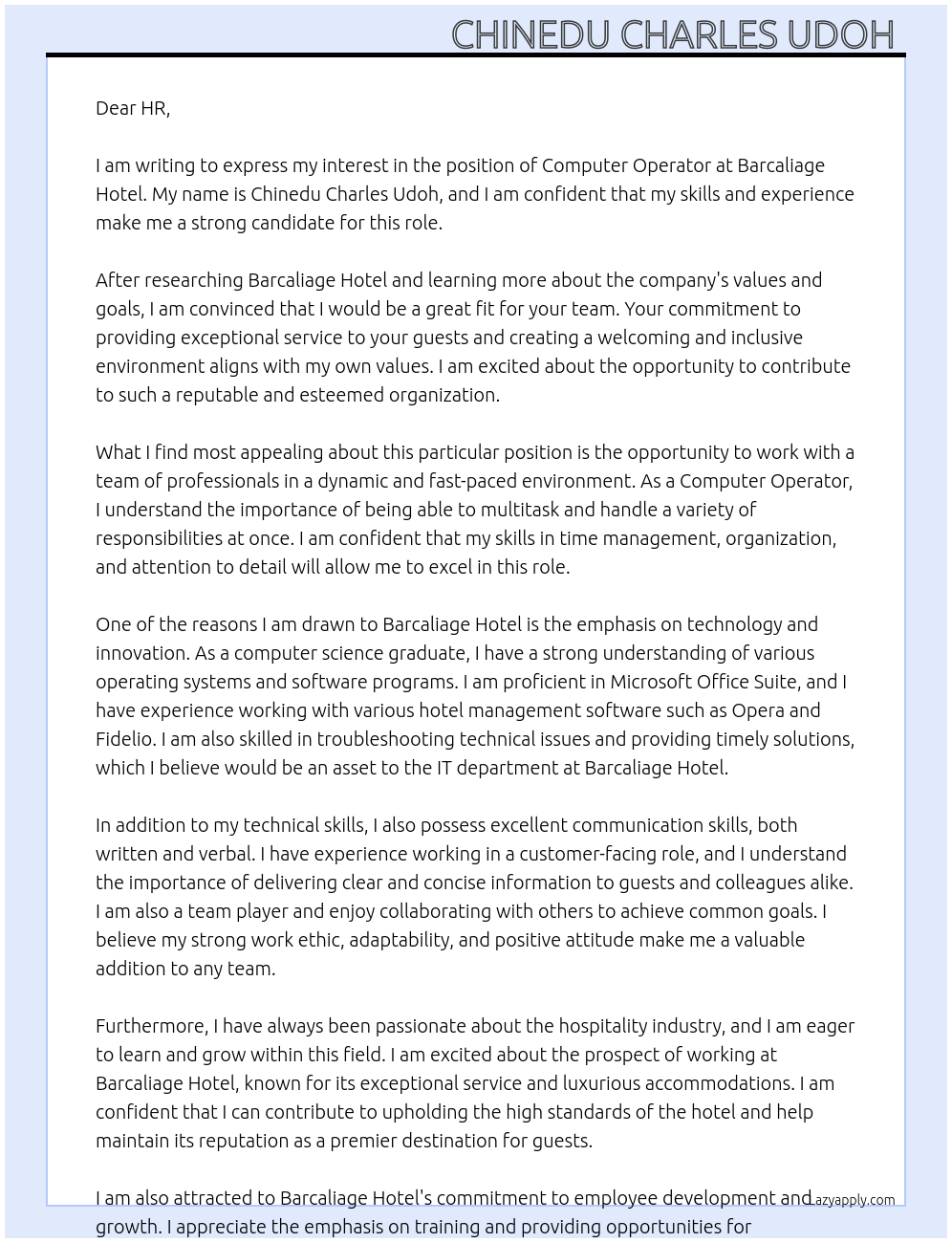 Computer Operator At Barcaliage Hotel Cover Letter