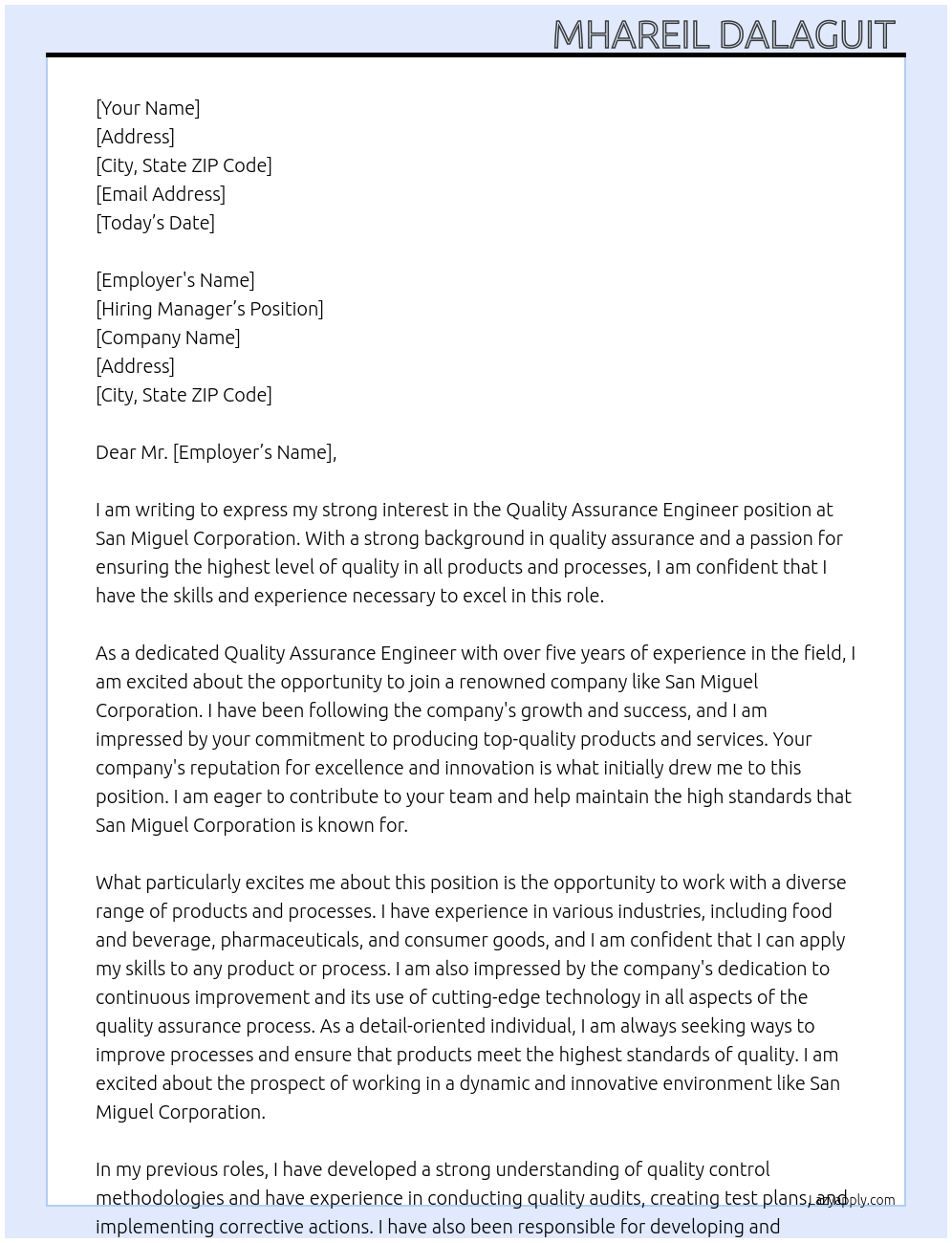 Quality Assurance Engineer  At San Miguel Corporation  Cover Letter