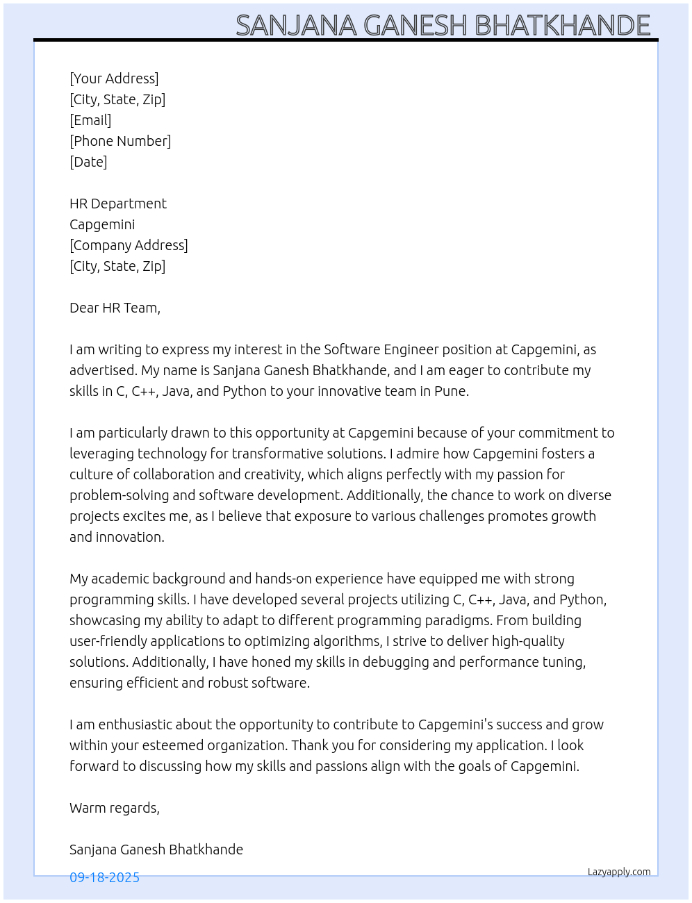 Software engineer At Capgemini Cover Letter
