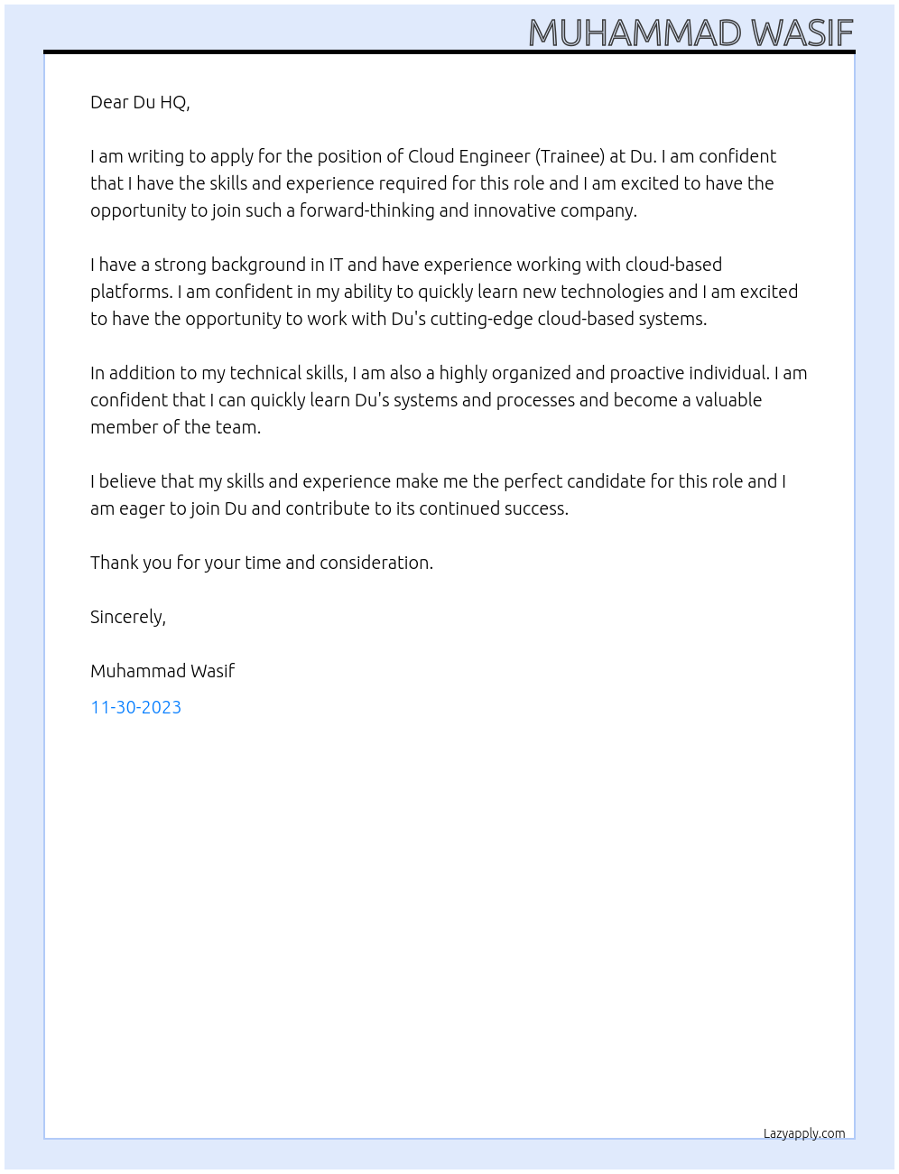 Cloud Engineer (Trainee) At Du Cover Letter