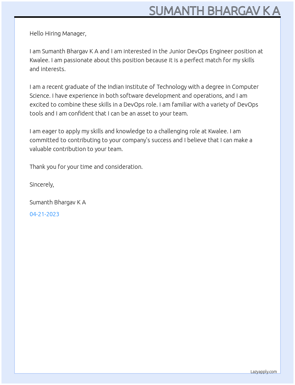 Junior DevOps Engineer At Kwalee Cover Letter