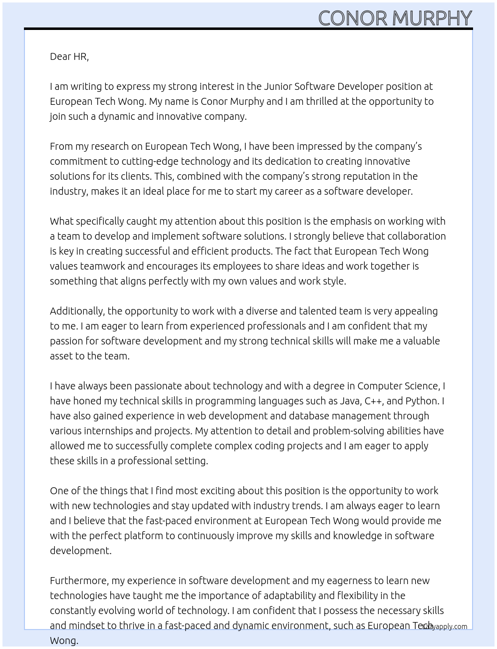Junior Software Developer At European Tech wong Cover Letter