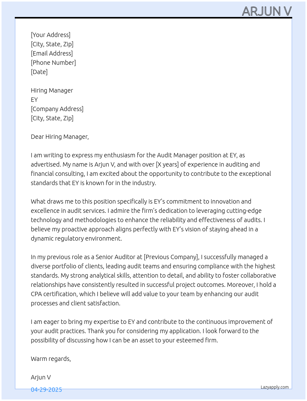 Cover letter for audit manager - LazyApply