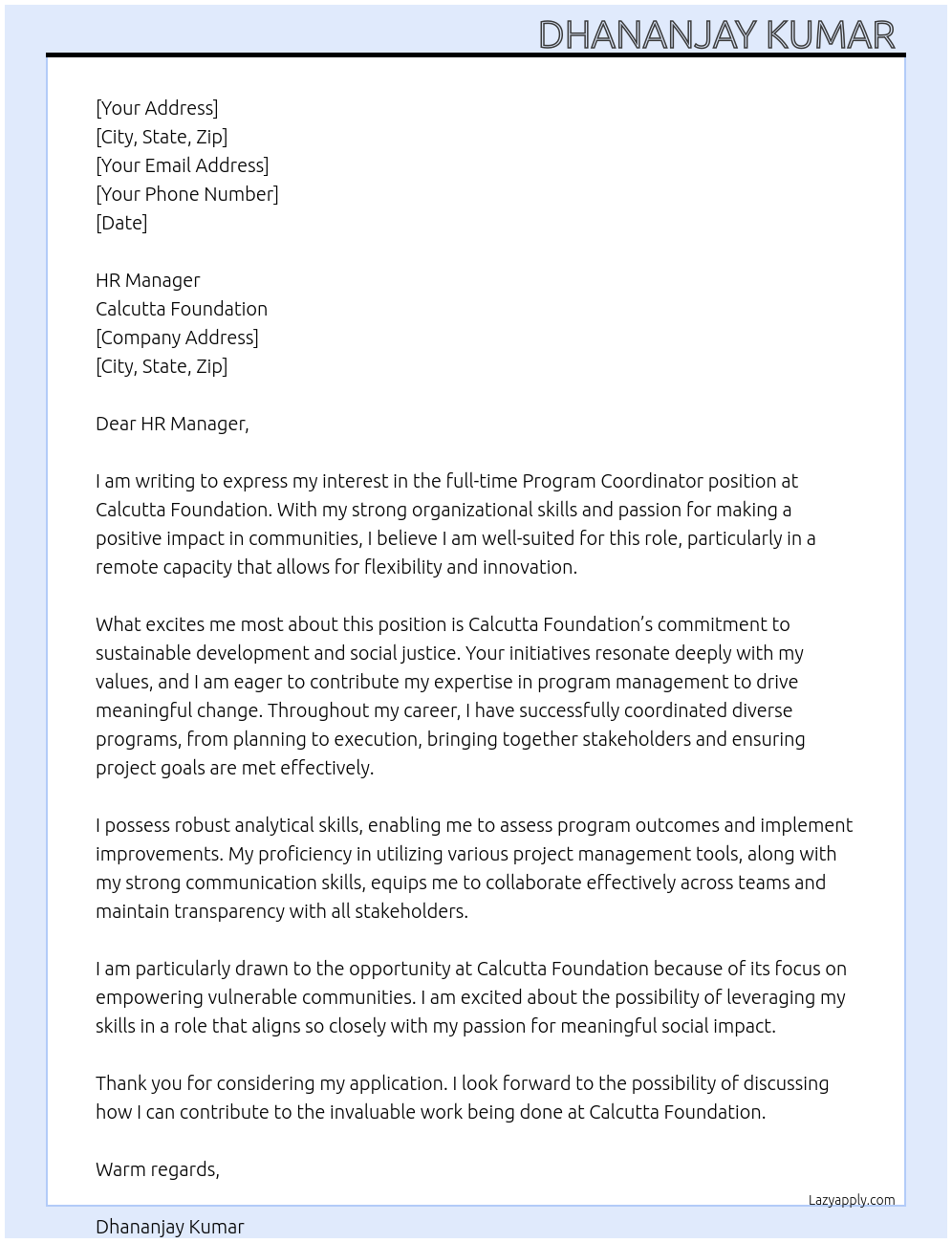 Program coordinator At Calcutta foundation  Cover Letter