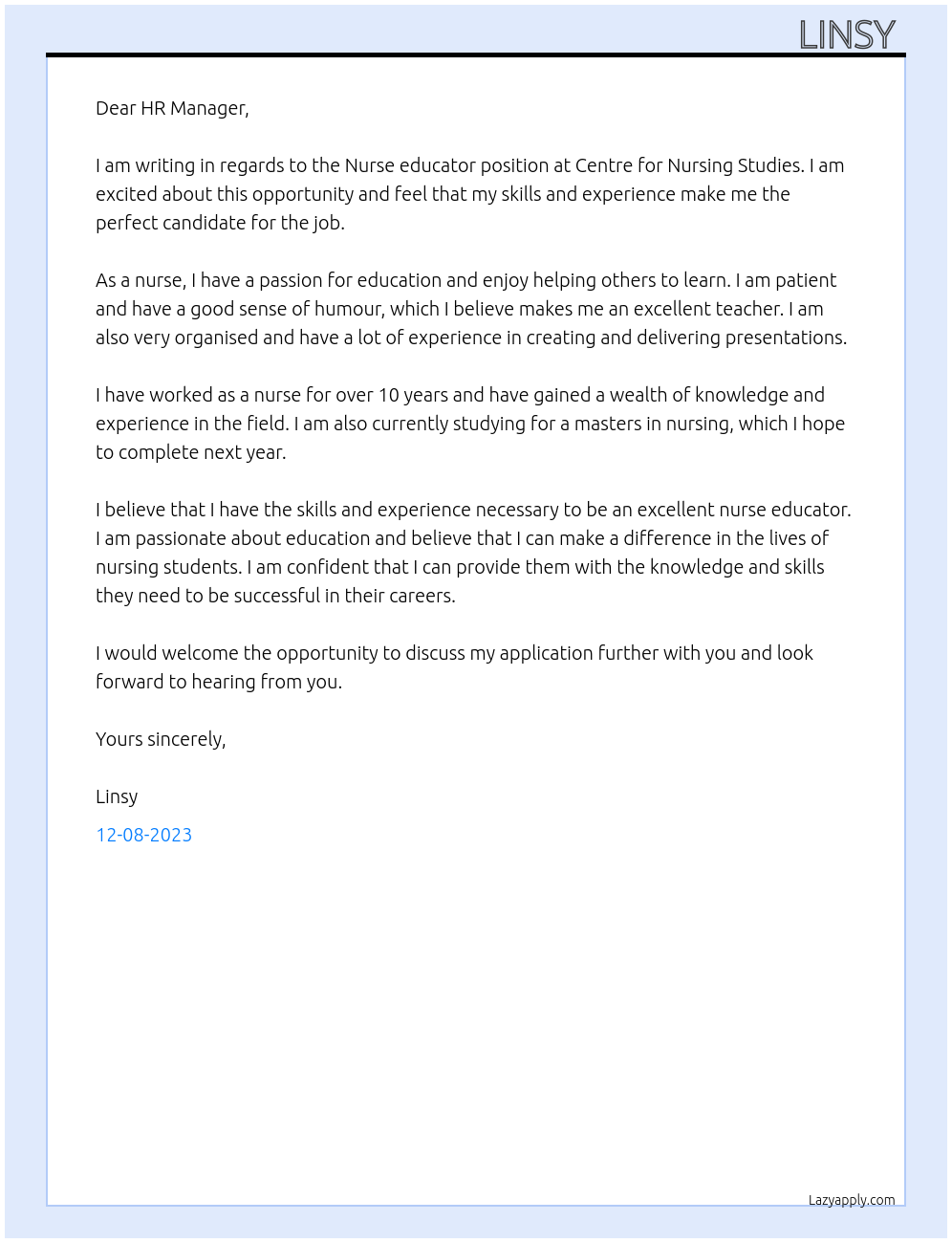 Nurse educator At Centre for Nursing Studies Cover Letter