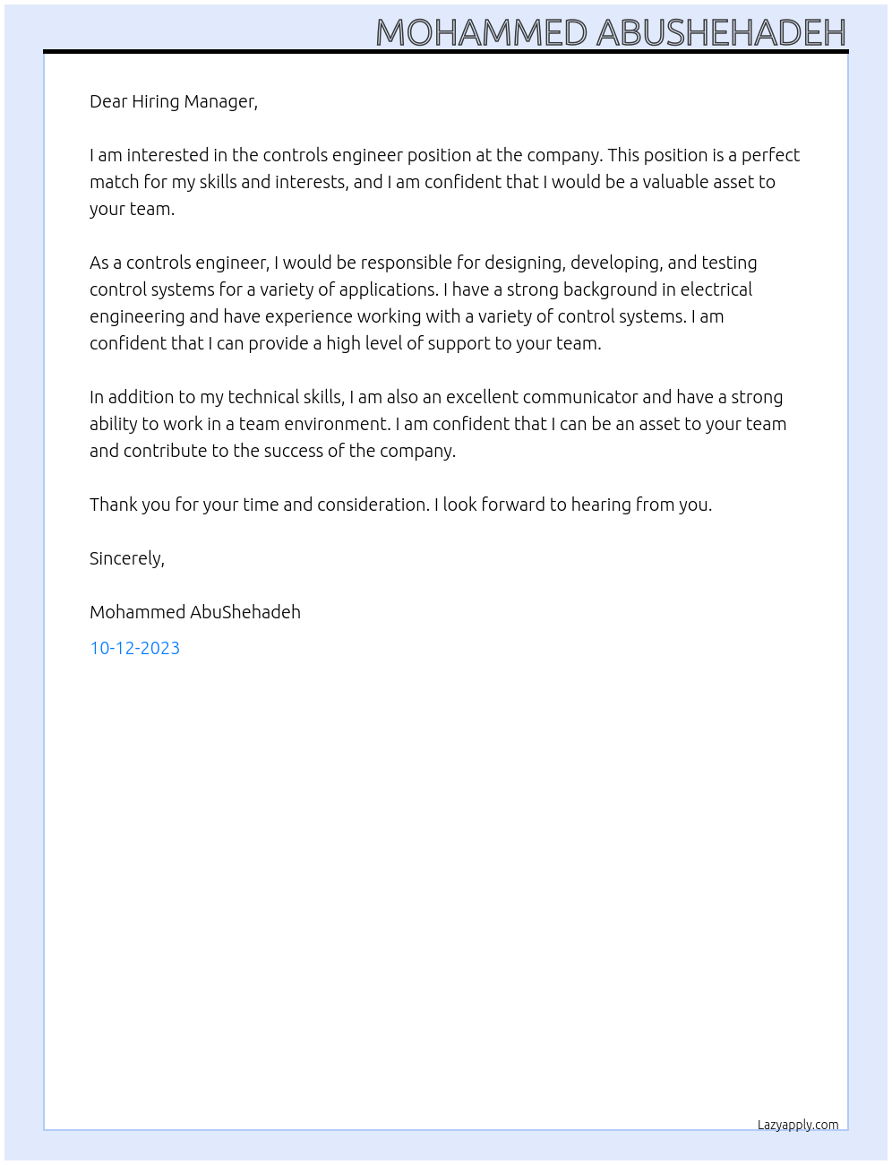 controls engineer  At the company  Cover Letter