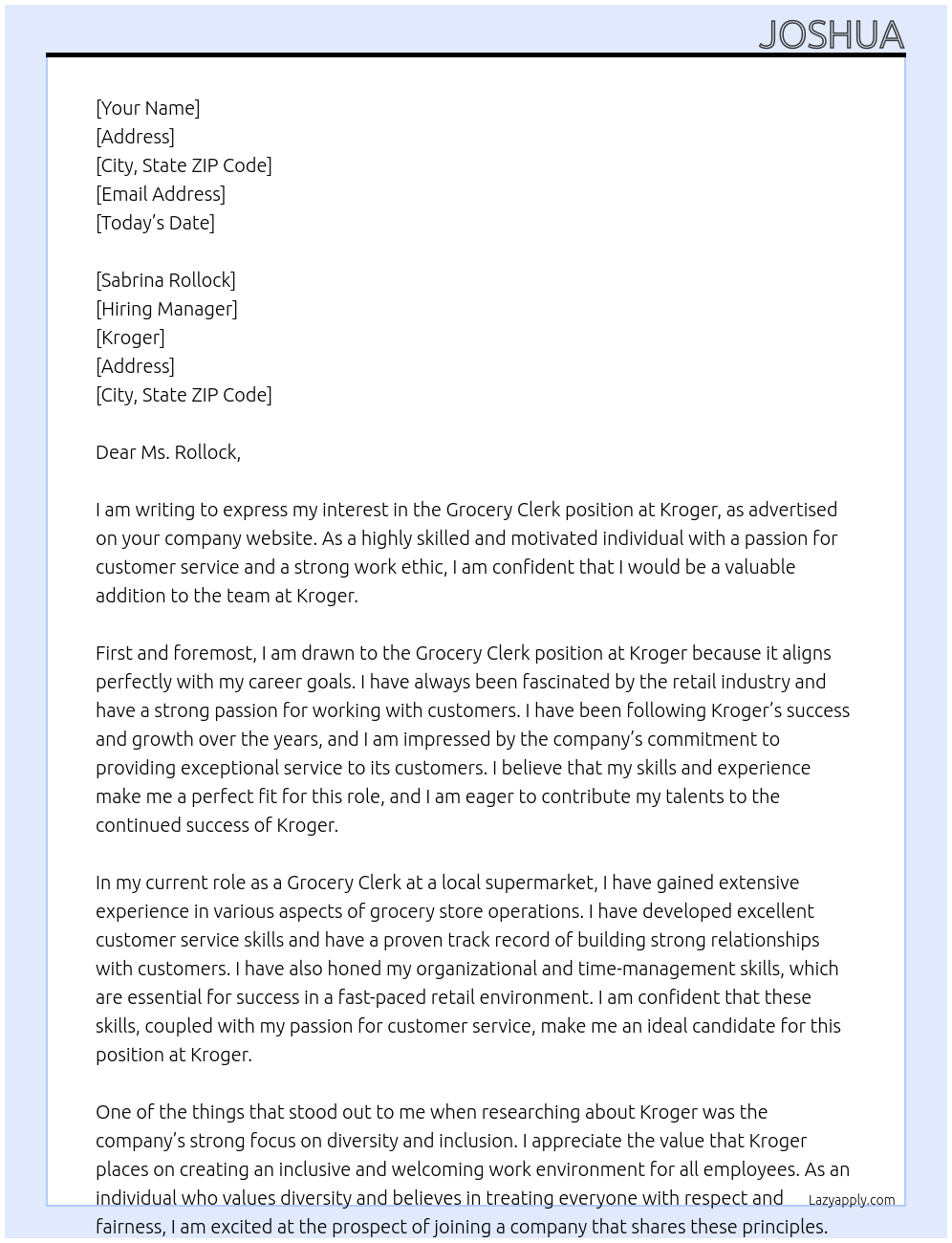 Grocery Clerk At Kroger Cover Letter
