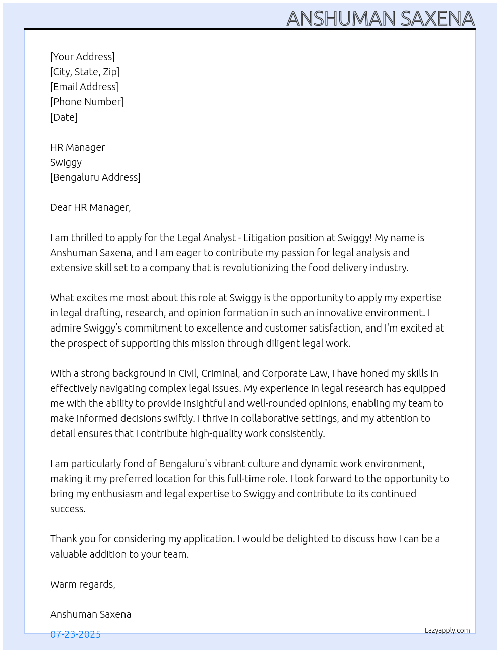 Legal Analyst - Litigation At Swiggy Cover Letter