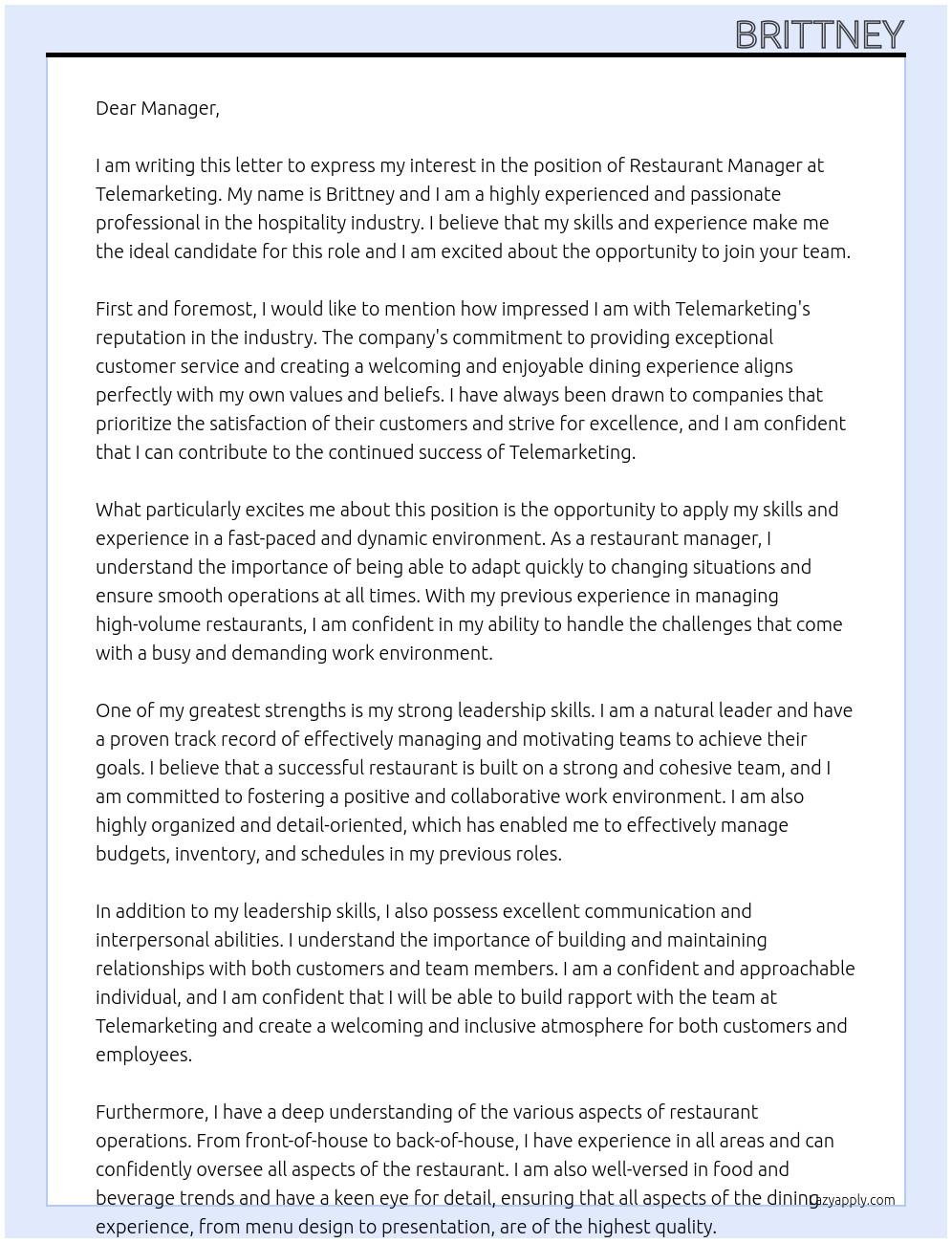 restaurant manager At telemarketing Cover Letter