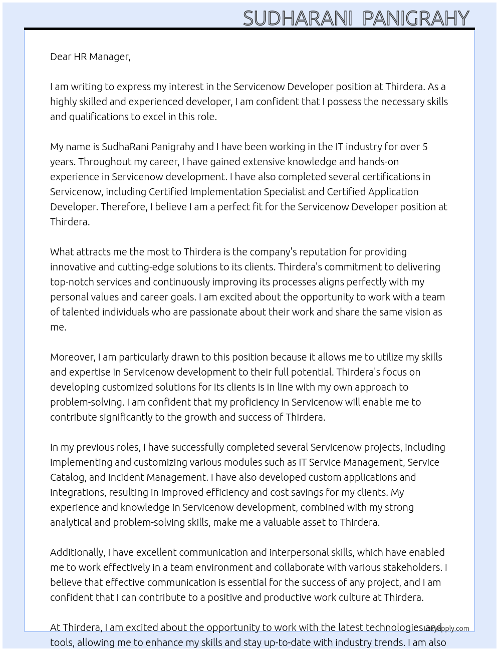 Servicenow developer At Thirdera Cover Letter