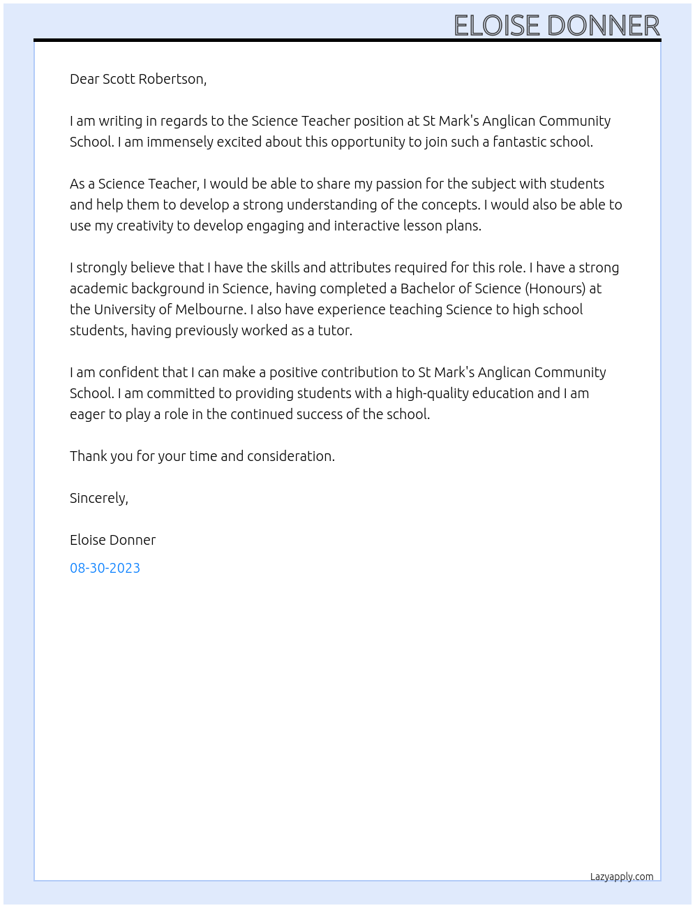 Science Teacher At St Mark's Anglican Community School Cover Letter