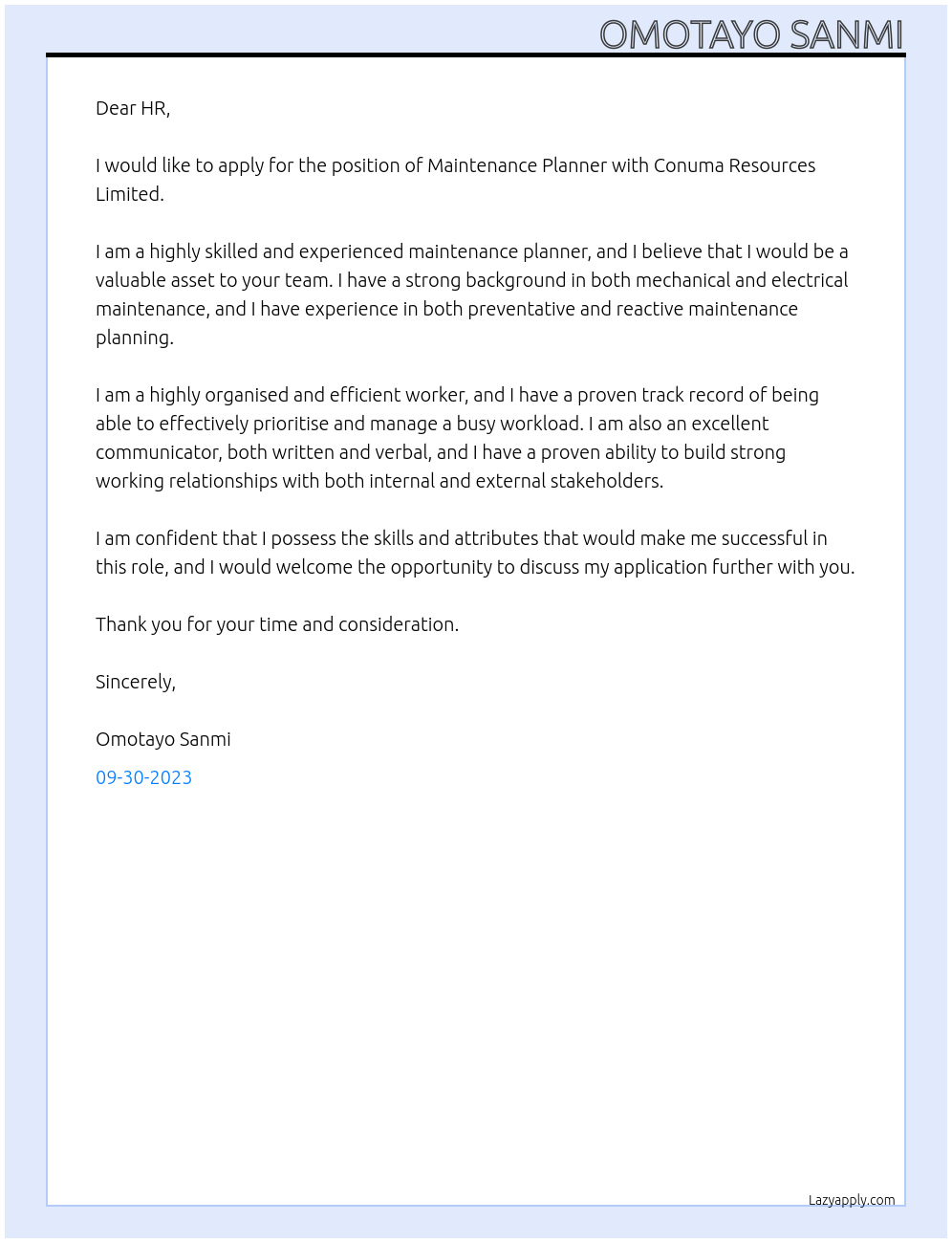 Maintenance Planner At Conuma Resources Limited Cover Letter