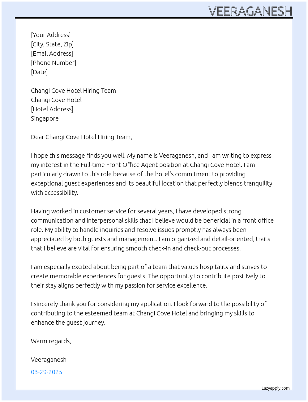 Front Office Agent At Changi Cove Hotel Cover Letter