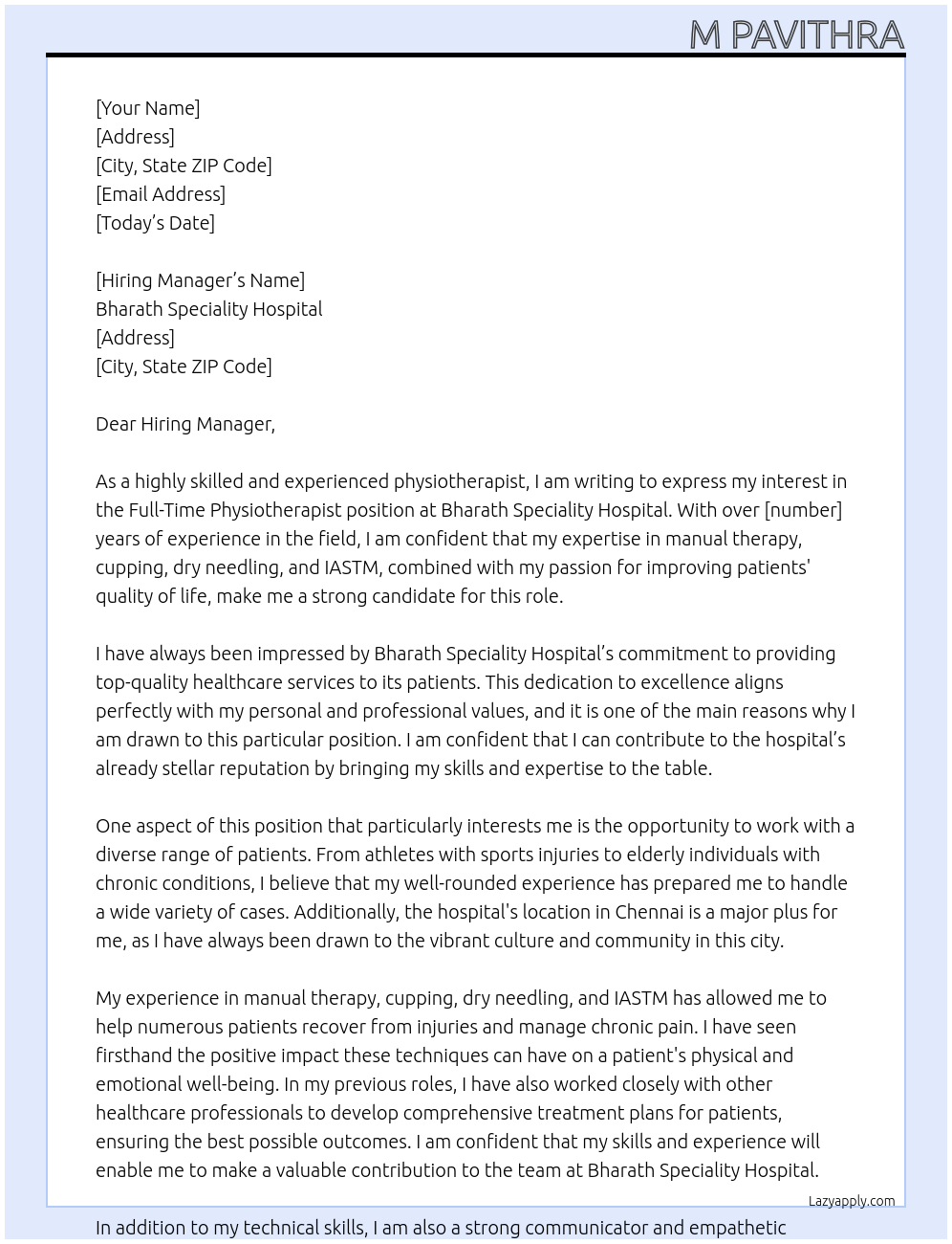 Physiotherapist At Bharath Speciality Hospital Cover Letter