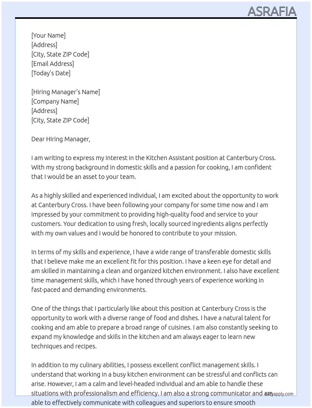 Kitchen Assistant At Canterbury Cross Cover Letter