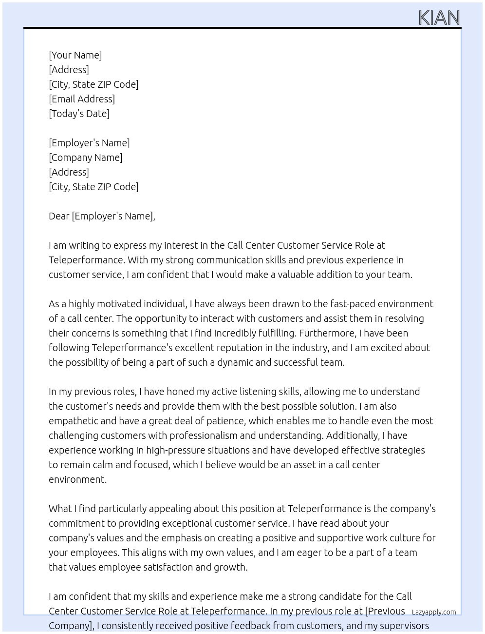 Call center At Teleperformance Cover Letter