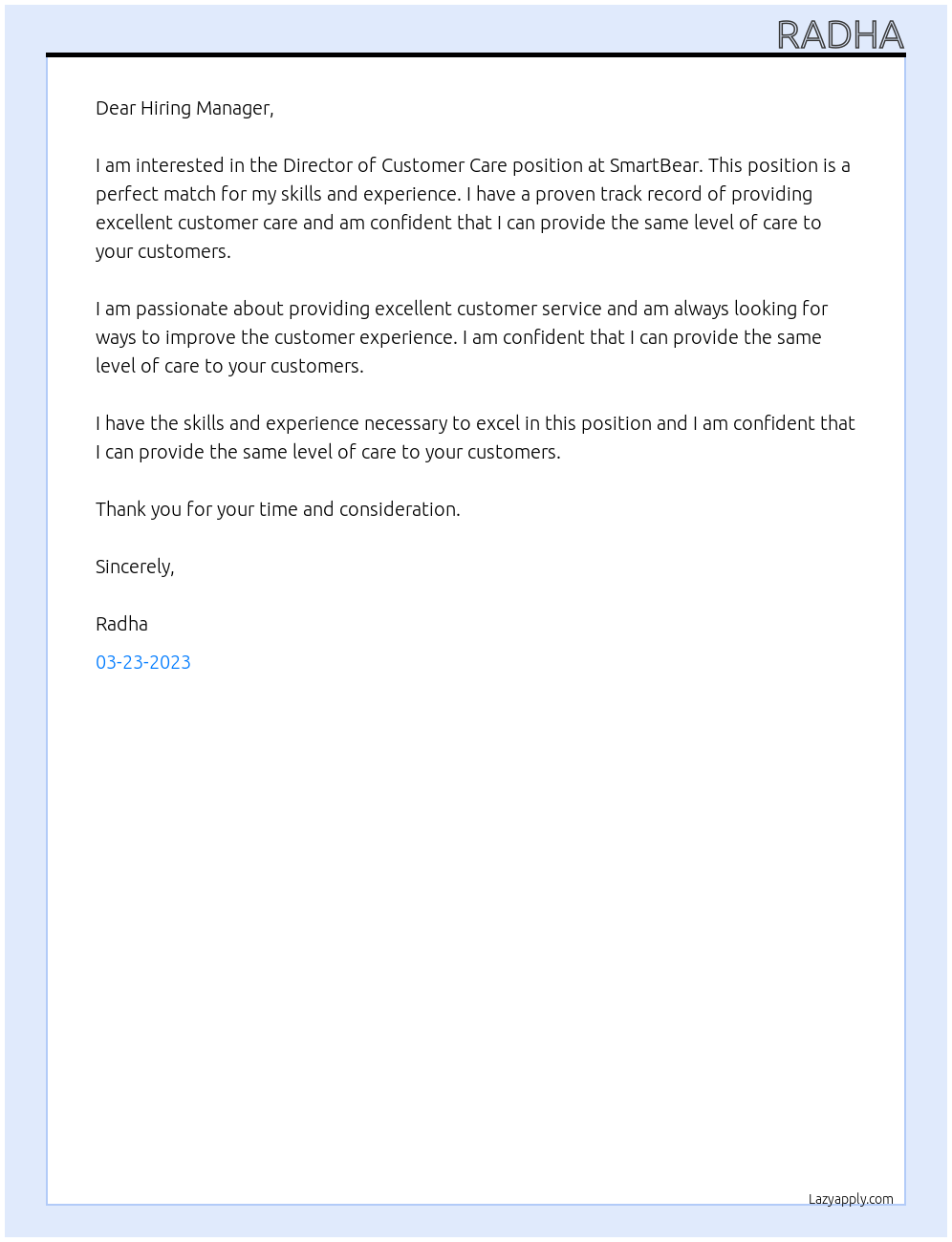 Director of Customer Care At SmartBear Cover Letter