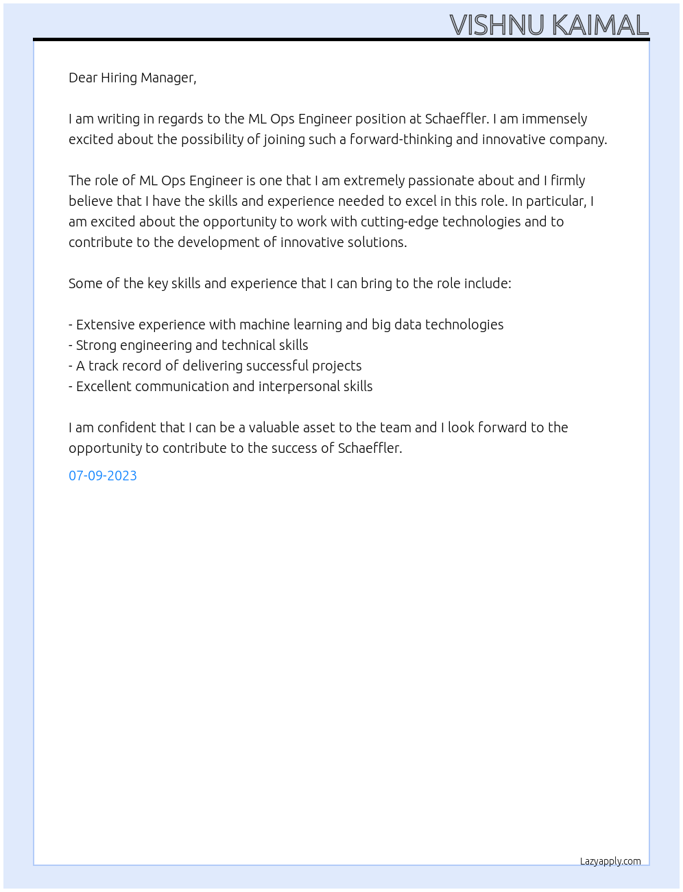 ML Ops Engineer At Schaeffler Cover Letter