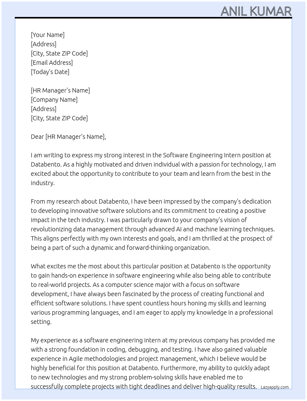 software engineering intern At Databento Cover Letter