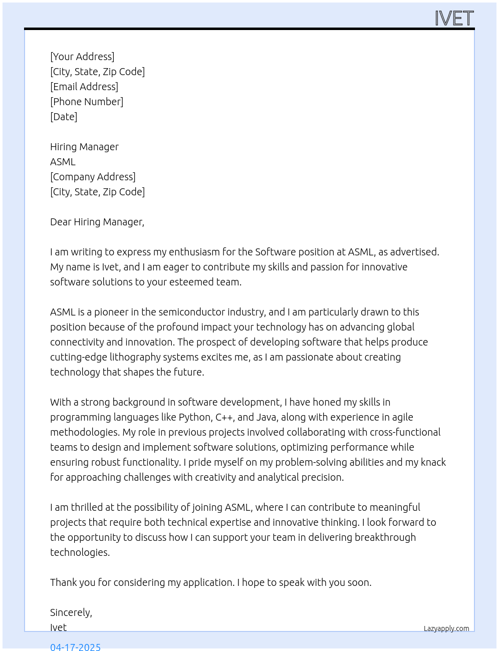 software At asml Cover Letter