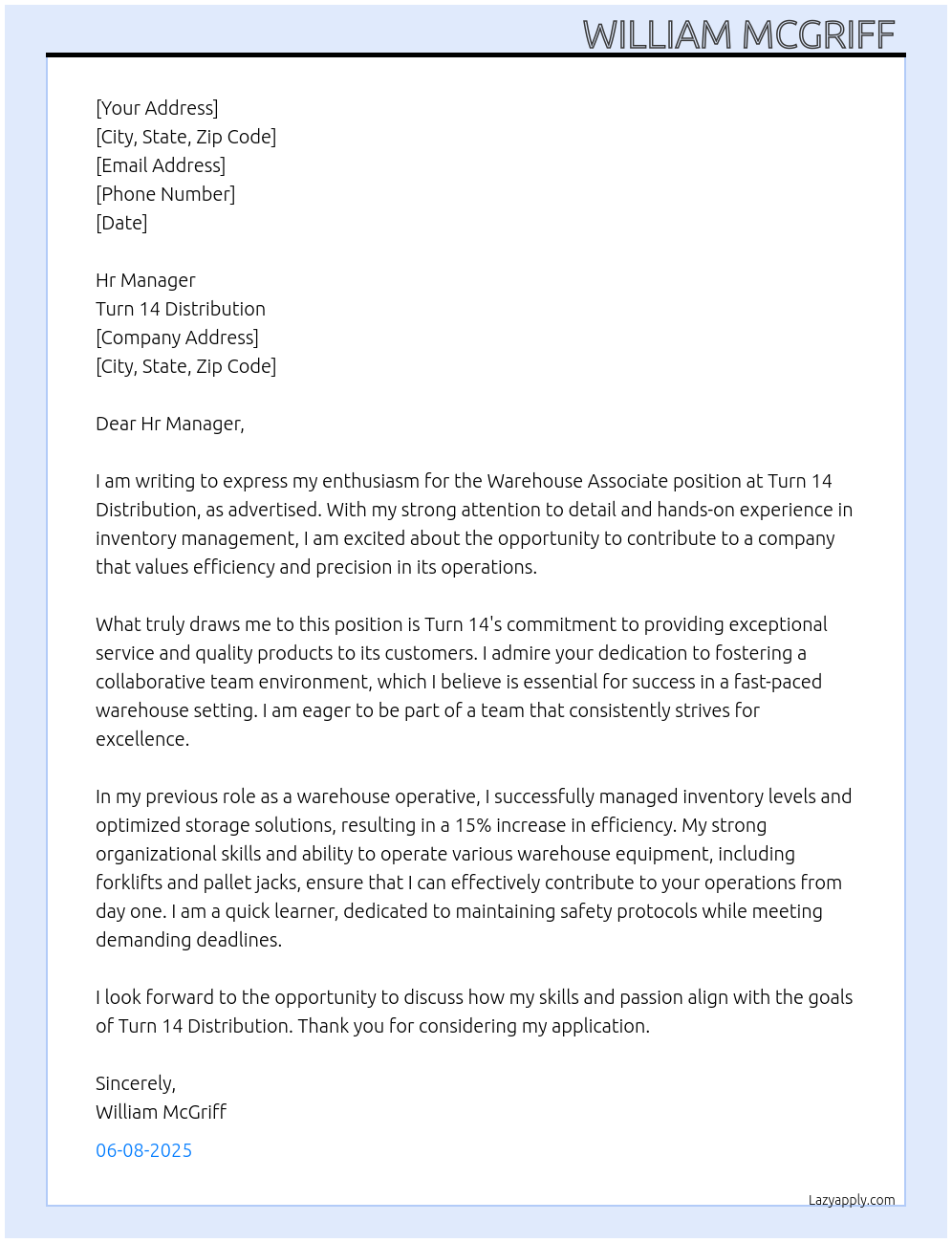 Warehouse Associate  At Turn 14 Distribution Cover Letter