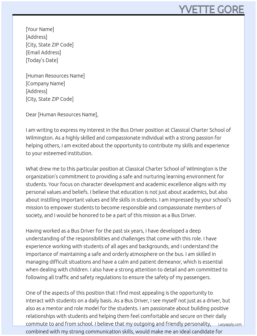 Bus Driver At Classical Charter School of Wilmington Cover Letter