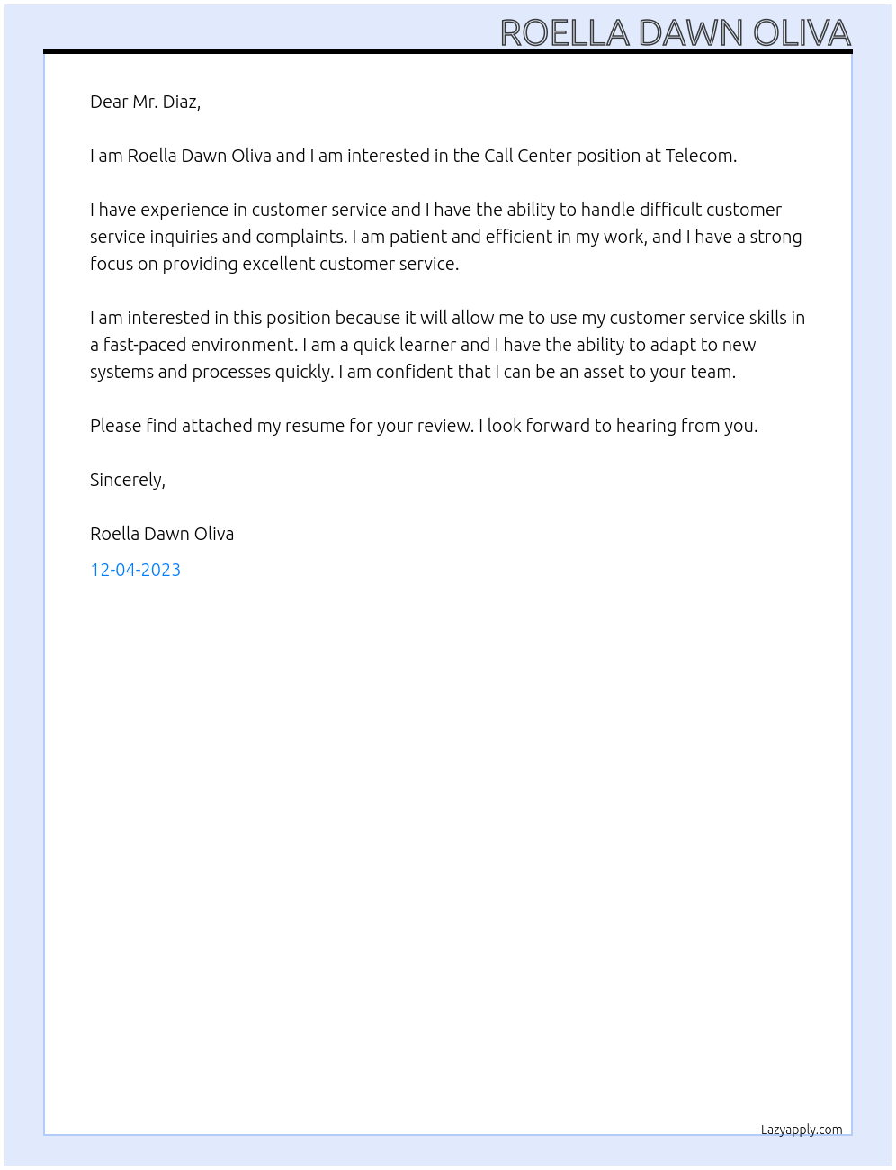 Call Center At Telecom Cover Letter