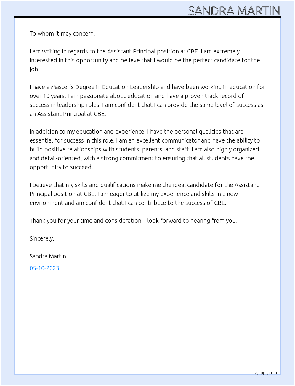 Assistant Principal At CBE Cover Letter