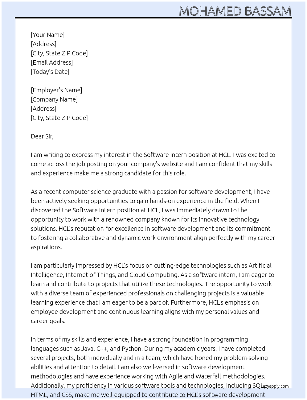 Software intern At HCL Cover Letter