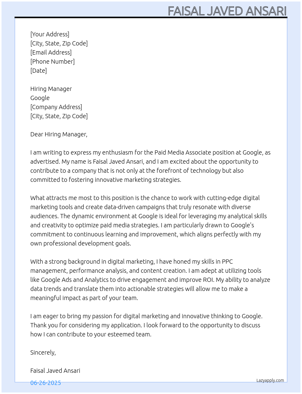 Cover letter for paid media associate - LazyApply