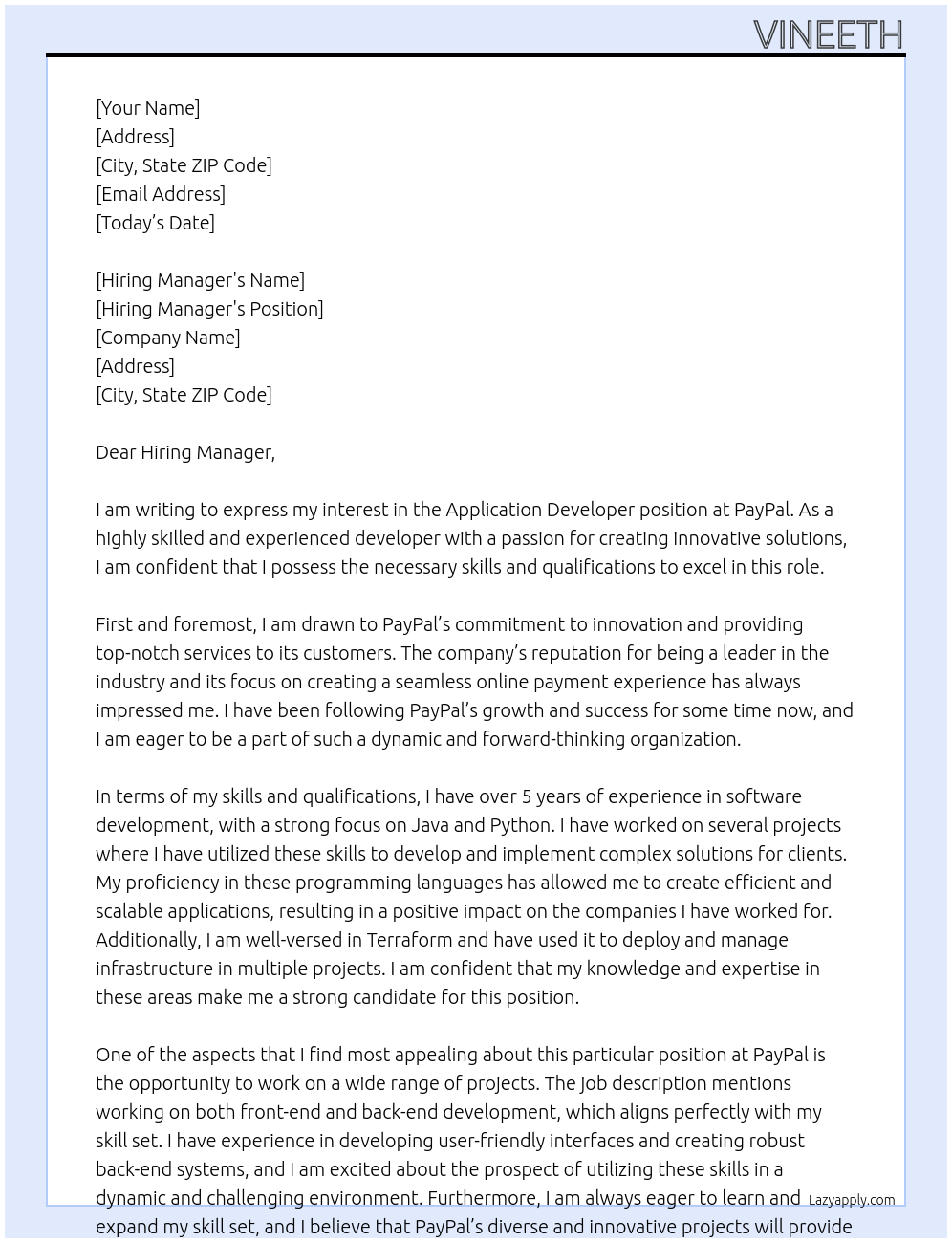 Application Developer At Paypal Cover Letter