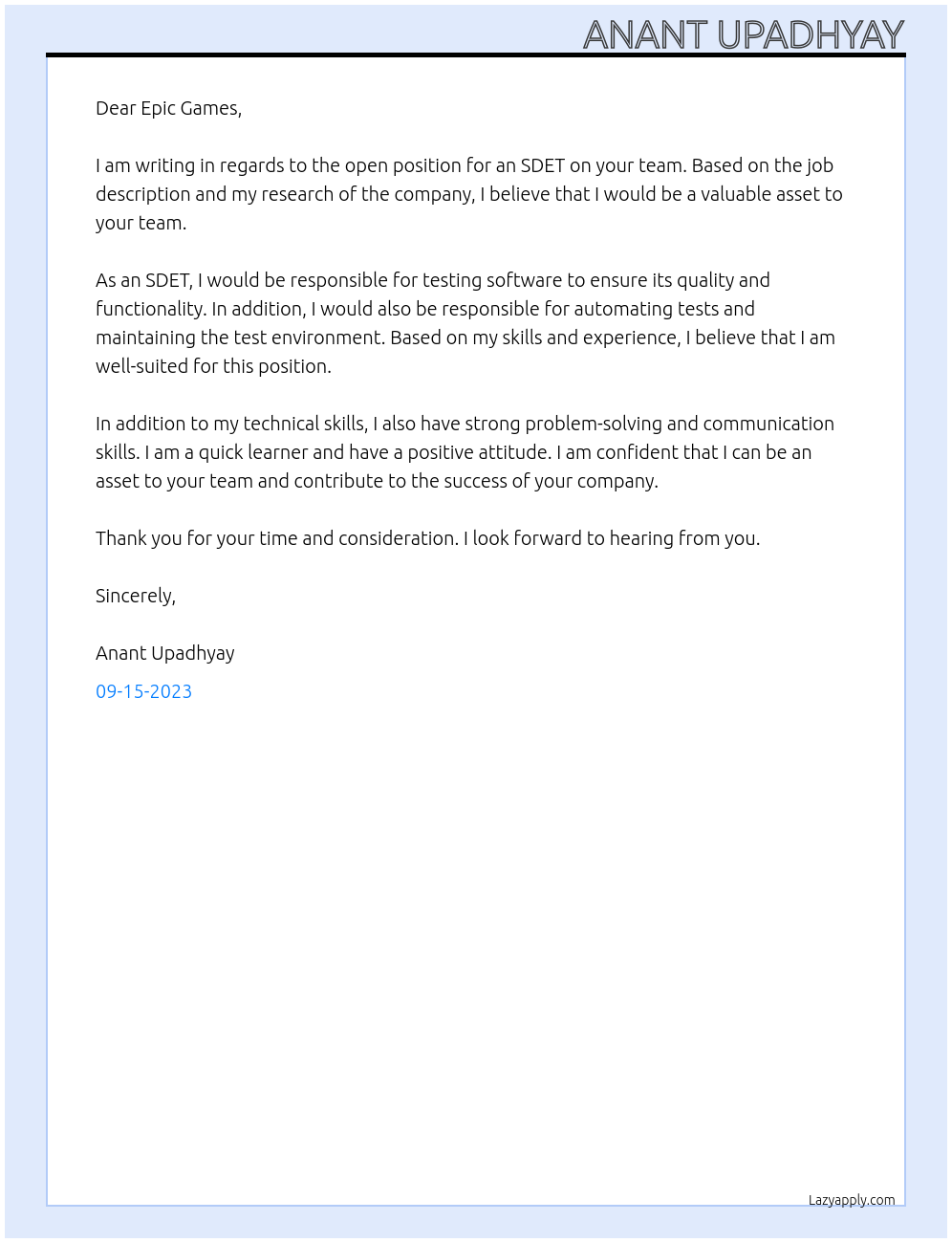 SDET At Epic Games Cover Letter