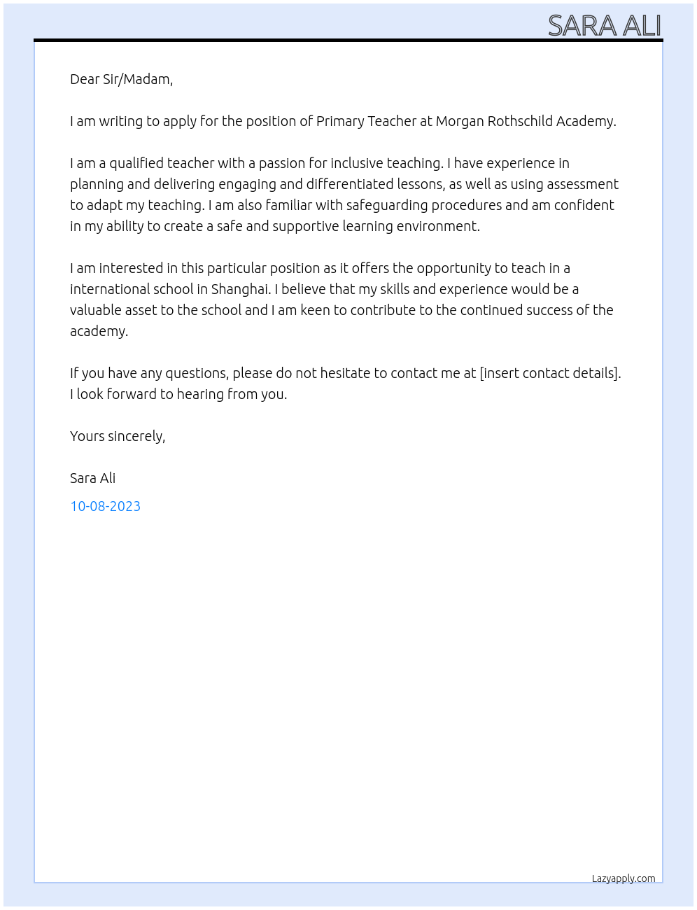 Primary Teacher At Morgan Rothschild Academy Cover Letter