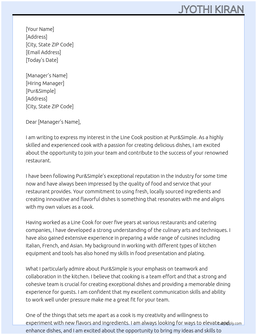 Line cook At Pur&Simple Cover Letter